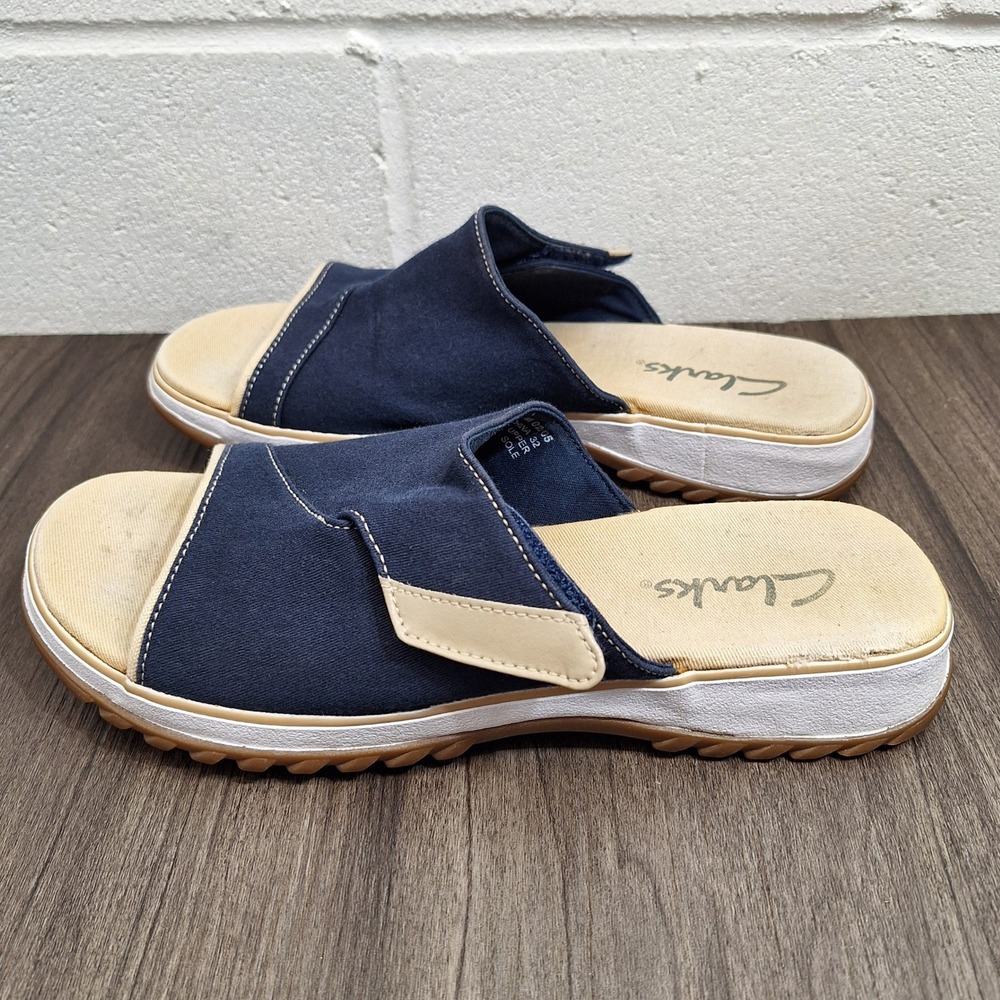 Clarks Sunbeat Navy Blue Canvas Slide Sandals Womens Size 8 M 36104 Adjustable - Picture 3 of 7